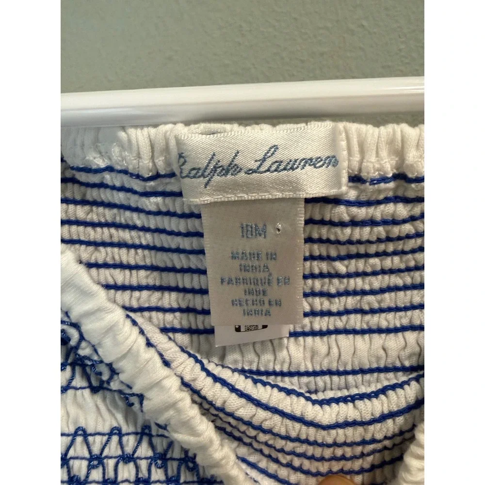 Ralph Lauren Baby Girl Smocked Romper White Blue Embroidered Bubble 18M